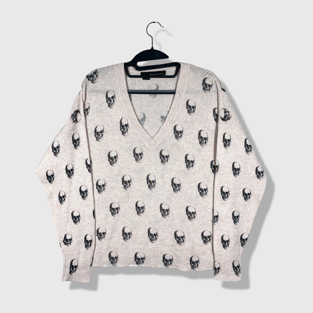 360 Cashmere Skull V-Neck Sweater Women Small Pink Goth Edgy Luxury Knit